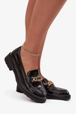 Outlet D&A Lakierowane Mokasyny Damskie Ze Złotą Ozdobą S.Barski HY52-539 Czarne Czarny