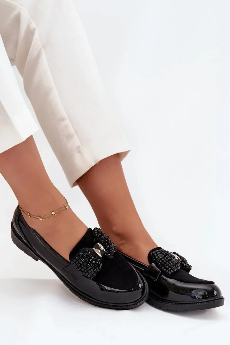 Online Lakierowane Mokasyny Damskie Z Kokardką S.Barski HY51-319 Czarne Damskie Mokasyny Płaskie|Mokasyny Damskie Lakierowane