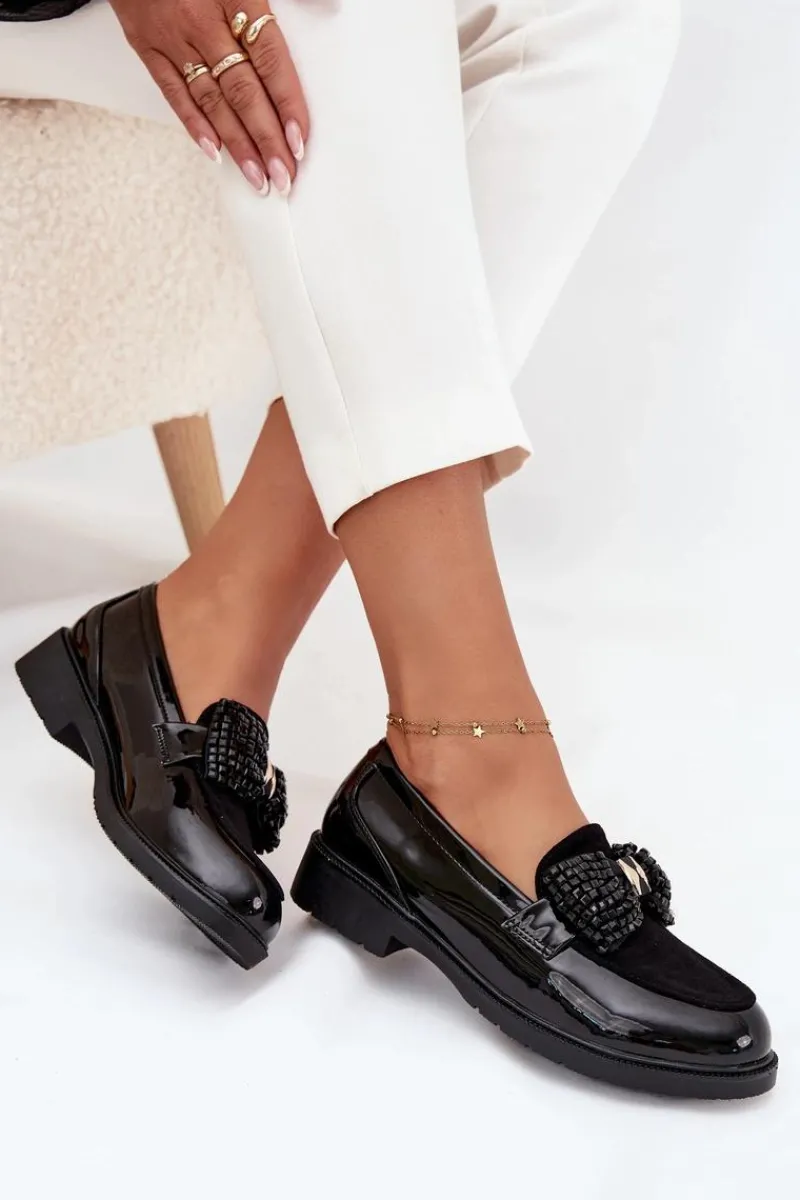 Online Lakierowane Mokasyny Damskie Z Kokardką S.Barski HY51-319 Czarne Damskie Mokasyny Płaskie|Mokasyny Damskie Lakierowane