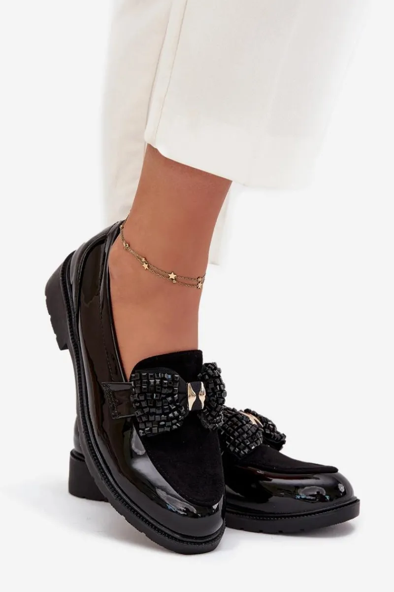 Online Lakierowane Mokasyny Damskie Z Kokardką S.Barski HY51-319 Czarne Damskie Mokasyny Płaskie|Mokasyny Damskie Lakierowane