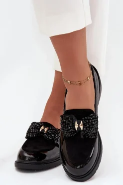 Online Lakierowane Mokasyny Damskie Z Kokardką S.Barski HY51-319 Czarne Damskie Mokasyny Płaskie|Mokasyny Damskie Lakierowane