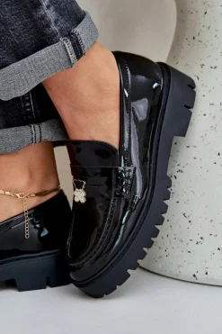 Outlet Lakierowane Mokasyny Damskie Z Przypinką Miś Czarne Wulinea Damskie Loafersy Damskie|Mokasyny Płaskie