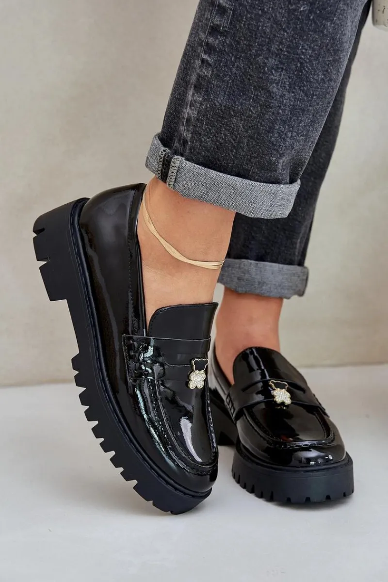 Outlet Lakierowane Mokasyny Damskie Z Przypinką Miś Czarne Wulinea Damskie Loafersy Damskie|Mokasyny Płaskie