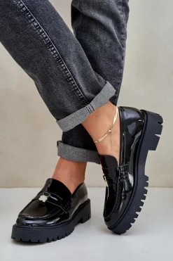 Outlet Lakierowane Mokasyny Damskie Z Przypinką Miś Czarne Wulinea Damskie Loafersy Damskie|Mokasyny Płaskie