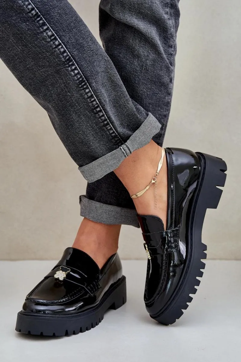 Outlet Lakierowane Mokasyny Damskie Z Przypinką Miś Czarne Wulinea Damskie Loafersy Damskie|Mokasyny Płaskie