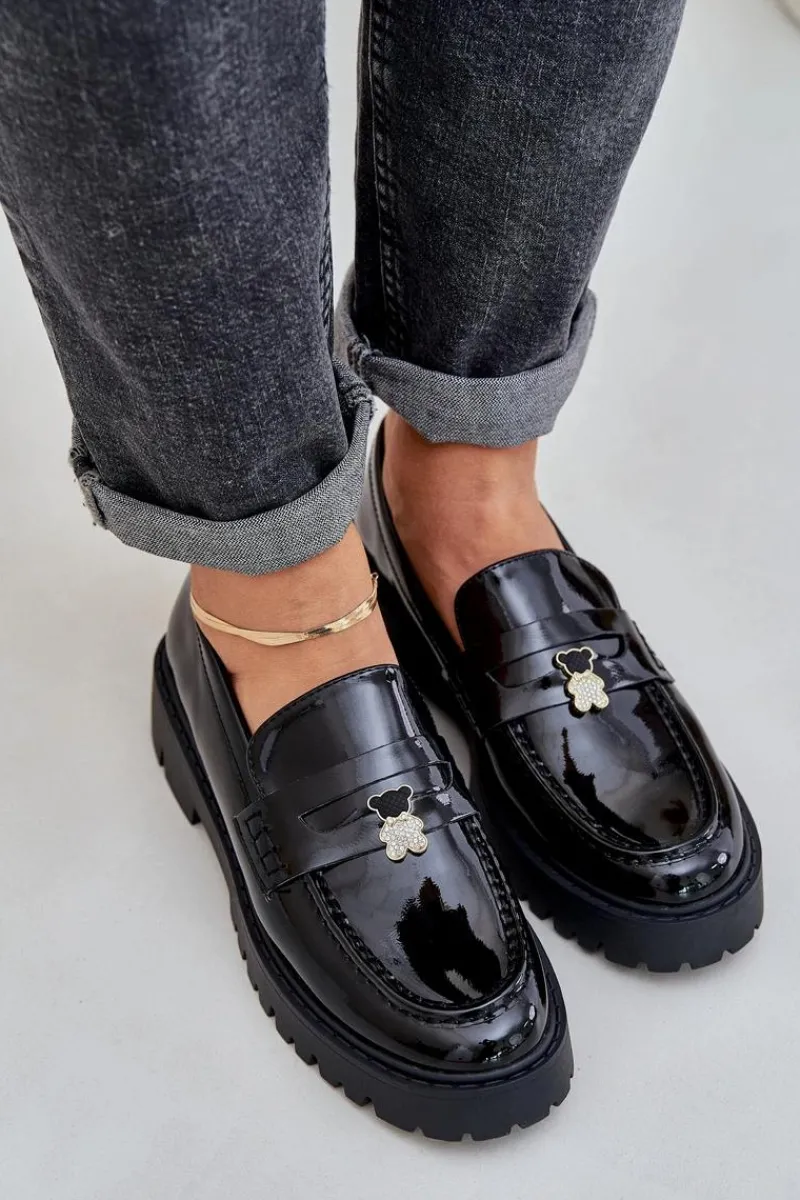 Outlet Lakierowane Mokasyny Damskie Z Przypinką Miś Czarne Wulinea Damskie Loafersy Damskie|Mokasyny Płaskie
