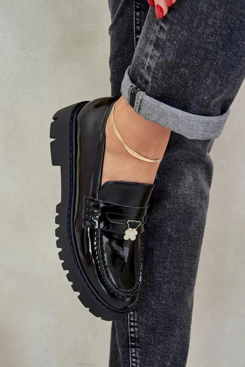 Outlet Lakierowane Mokasyny Damskie Z Przypinką Miś Czarne Wulinea Damskie Loafersy Damskie|Mokasyny Płaskie