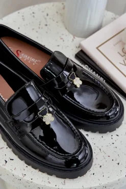 Outlet Lakierowane Mokasyny Damskie Z Przypinką Miś Czarne Wulinea Damskie Loafersy Damskie|Mokasyny Płaskie