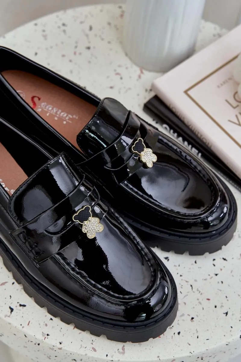 Outlet Lakierowane Mokasyny Damskie Z Przypinką Miś Czarne Wulinea Damskie Loafersy Damskie|Mokasyny Płaskie