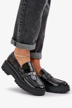 Outlet Lakierowane Mokasyny Damskie Z Przypinką Miś Czarne Wulinea Damskie Loafersy Damskie|Mokasyny Płaskie