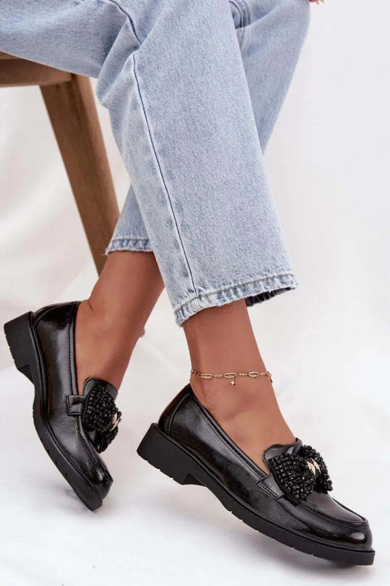 Mokasyny Płaskie|Mokasyny Damskie Lakierowane>D&A Lakierowane Mokasyny Damskie Z Kokardką S.Barski HY52-319A Czarne Czarny