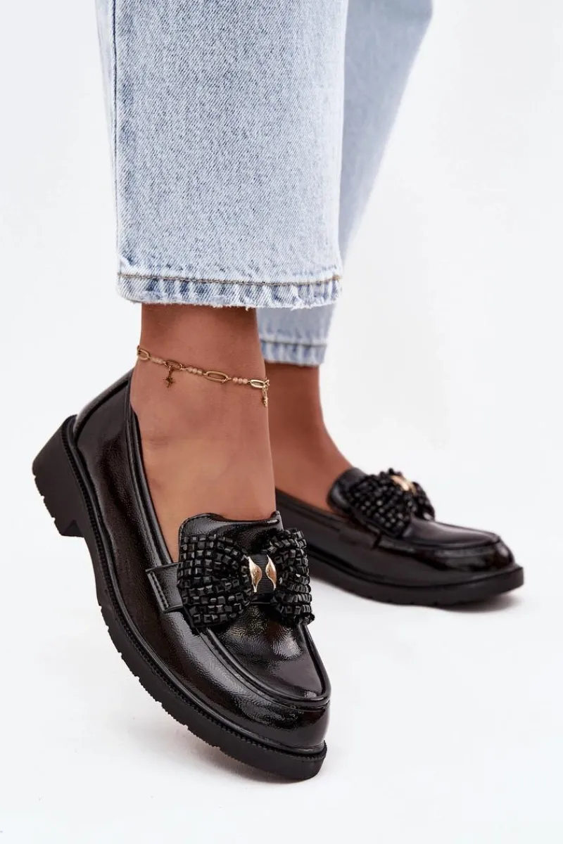 Mokasyny Płaskie|Mokasyny Damskie Lakierowane>D&A Lakierowane Mokasyny Damskie Z Kokardką S.Barski HY52-319A Czarne Czarny