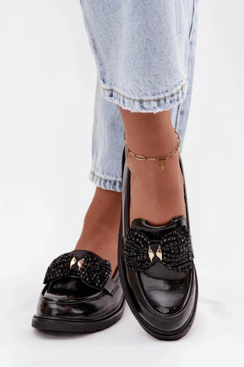 Mokasyny Płaskie|Mokasyny Damskie Lakierowane>D&A Lakierowane Mokasyny Damskie Z Kokardką S.Barski HY52-319A Czarne Czarny