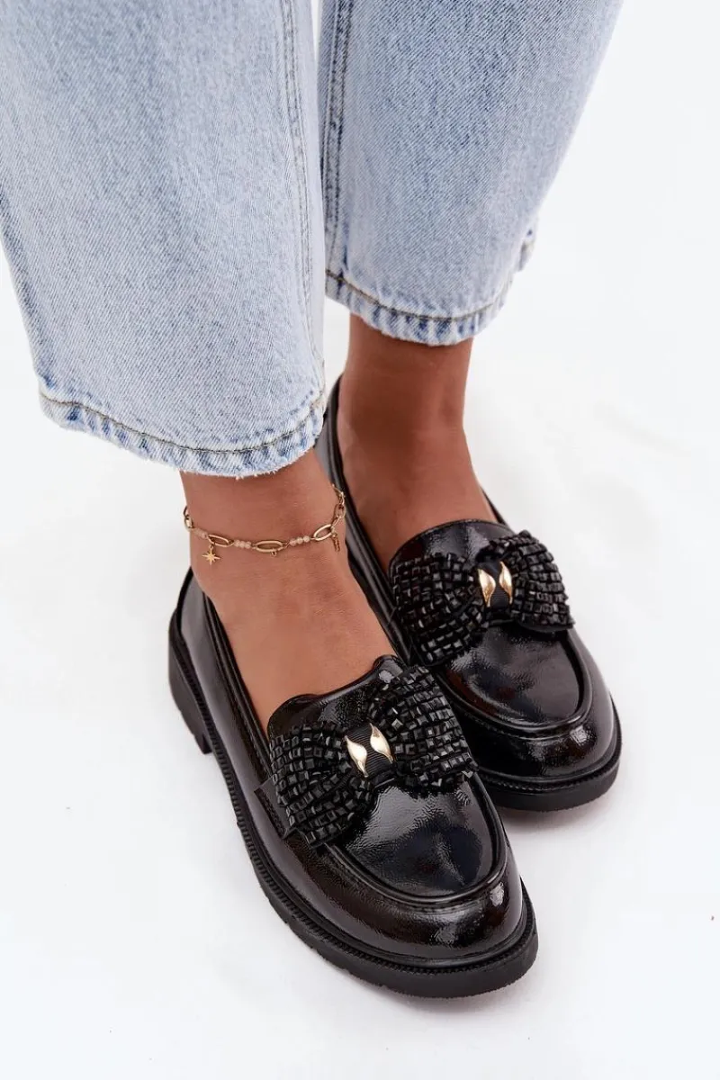 Mokasyny Płaskie|Mokasyny Damskie Lakierowane>D&A Lakierowane Mokasyny Damskie Z Kokardką S.Barski HY52-319A Czarne Czarny