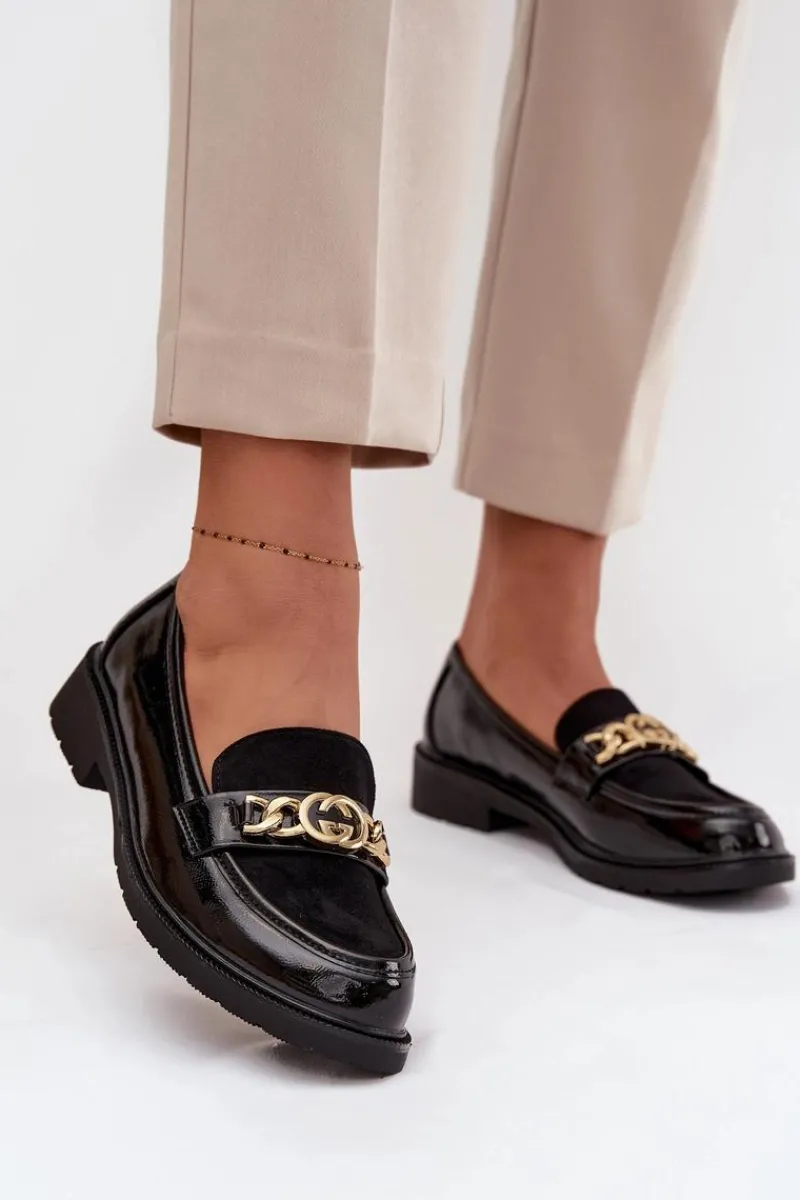 Mokasyny Płaskie|Mokasyny Damskie Lakierowane>D&A Lakierowane Mokasyny Damskie Ze Złotą Ozdobą S.Barski HY52-540 Czarne Czarny