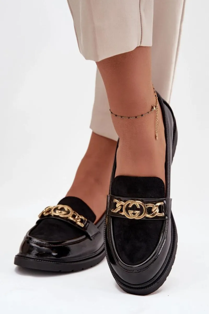 Mokasyny Płaskie|Mokasyny Damskie Lakierowane>D&A Lakierowane Mokasyny Damskie Ze Złotą Ozdobą S.Barski HY52-540 Czarne Czarny