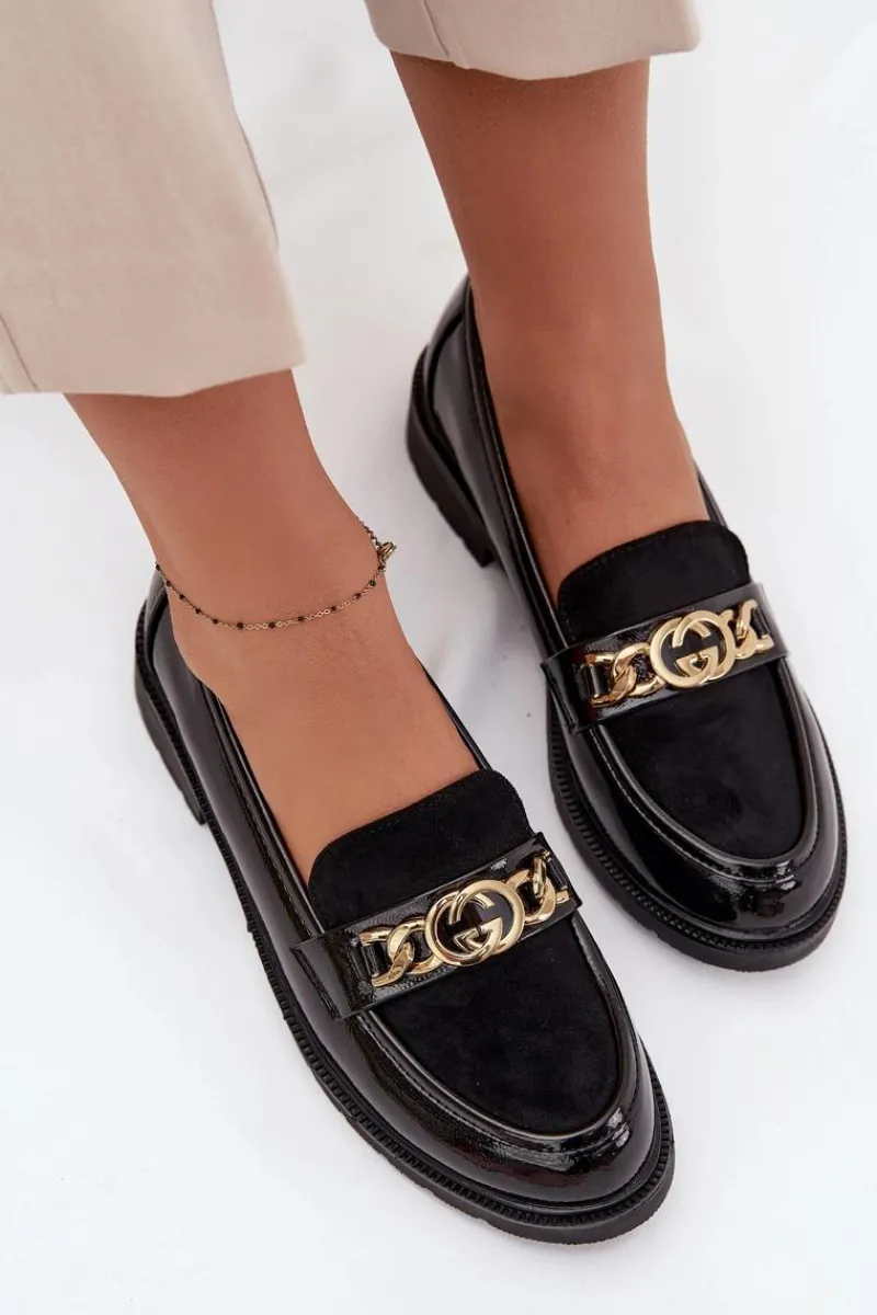 Mokasyny Płaskie|Mokasyny Damskie Lakierowane>D&A Lakierowane Mokasyny Damskie Ze Złotą Ozdobą S.Barski HY52-540 Czarne Czarny