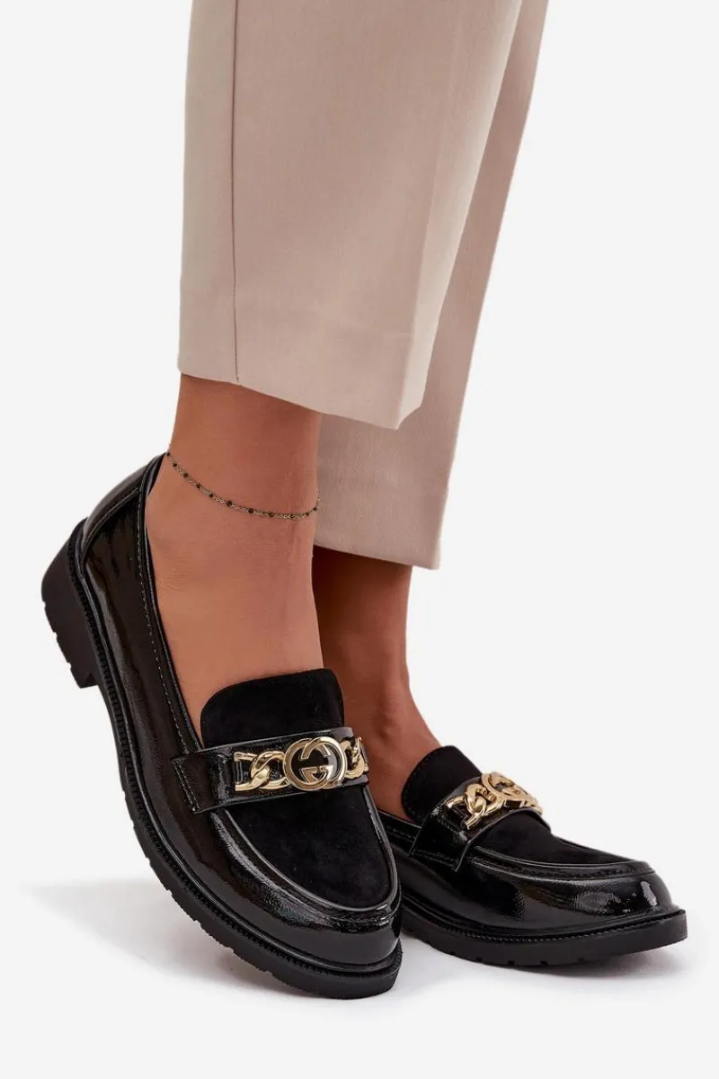 Mokasyny Płaskie|Mokasyny Damskie Lakierowane>D&A Lakierowane Mokasyny Damskie Ze Złotą Ozdobą S.Barski HY52-540 Czarne Czarny
