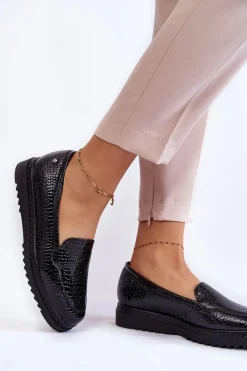 Hot Buty damskie Vinceza Lakierowane Mokasyny Krokodyli Wzór Na Platformie Czarne Diane