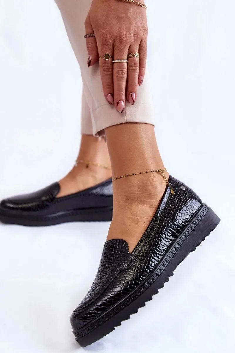 Hot Buty damskie Vinceza Lakierowane Mokasyny Krokodyli Wzór Na Platformie Czarne Diane