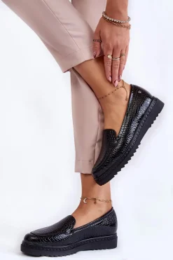 Hot Buty damskie Vinceza Lakierowane Mokasyny Krokodyli Wzór Na Platformie Czarne Diane