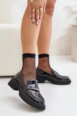 Clearance Damskie buty S.Barski Lakierowane Mokasyny Loafersy Damskie Z Ozdobą D&A LZ42-031 Czarne