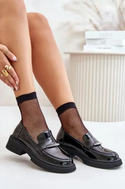 Clearance Damskie buty S.Barski Lakierowane Mokasyny Loafersy Damskie Z Ozdobą D&A LZ42-031 Czarne