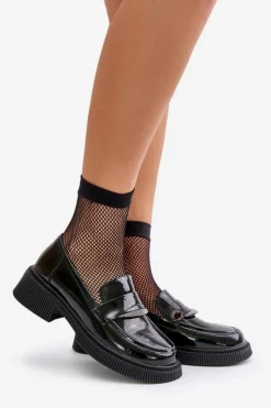 Clearance Damskie buty S.Barski Lakierowane Mokasyny Loafersy Damskie Z Ozdobą D&A LZ42-031 Czarne