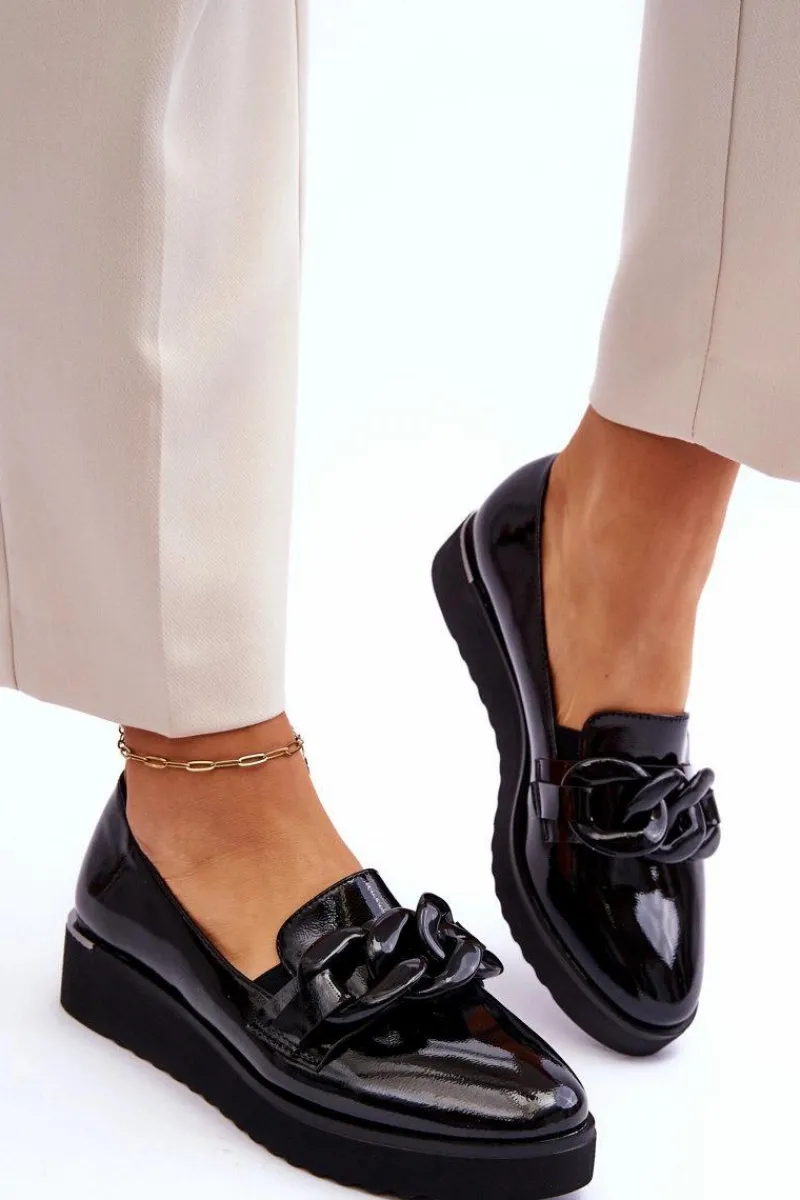 Lakierowane Mokasyny Na Koturnie Czarne Semma Damskie Mokasyny Damskie Lakierowane