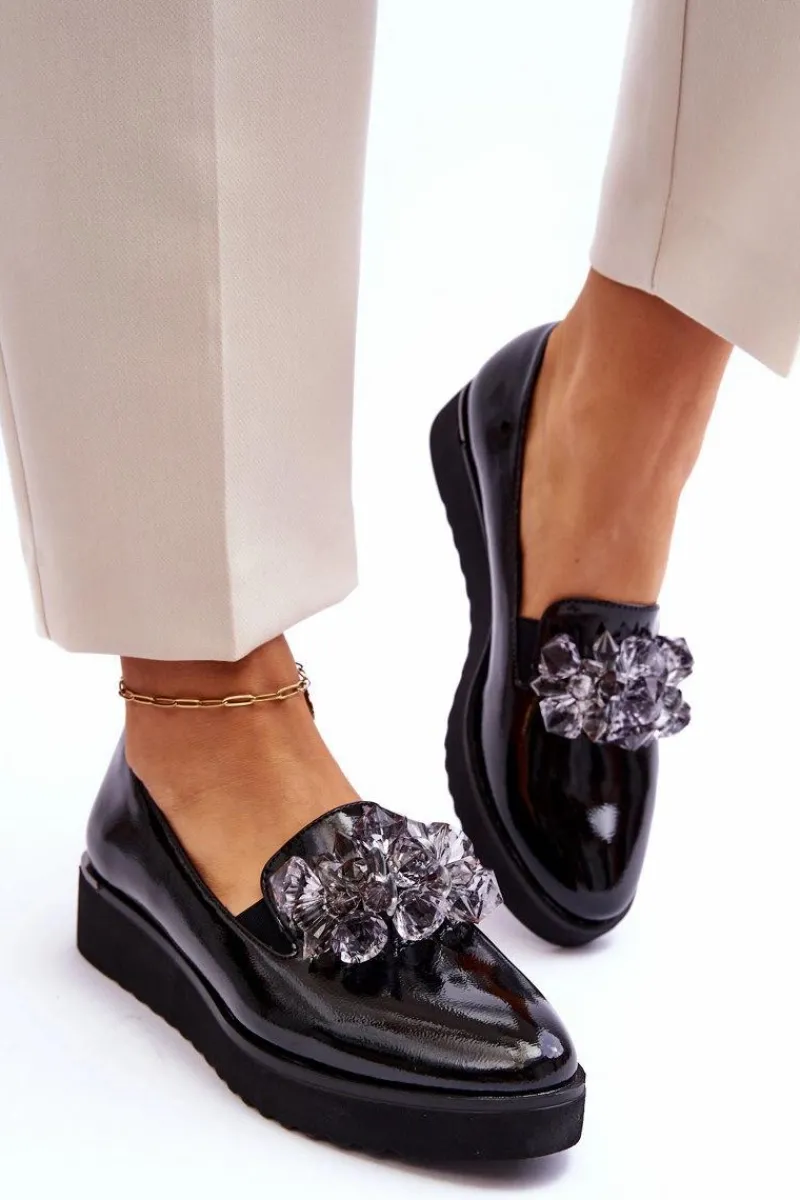 Mokasyny Damskie Lakierowane>Buty damskie Vinceza Lakierowane Mokasyny Na Koturnie Z Kryształkami Czarne Loresa