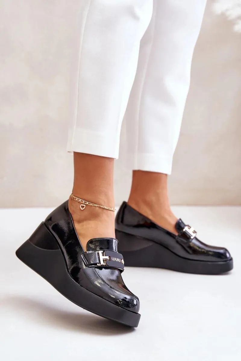 Outlet Lakierowane Mokasyny Na Koturnie Vinceza 58337 Czarne Damskie Loafersy Damskie|Mokasyny Damskie Lakierowane