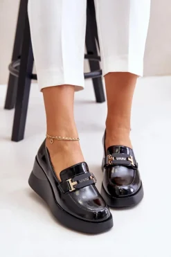 Outlet Lakierowane Mokasyny Na Koturnie Vinceza 58337 Czarne Damskie Loafersy Damskie|Mokasyny Damskie Lakierowane