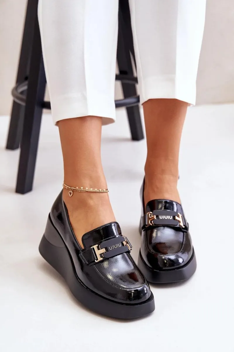 Outlet Lakierowane Mokasyny Na Koturnie Vinceza 58337 Czarne Damskie Loafersy Damskie|Mokasyny Damskie Lakierowane