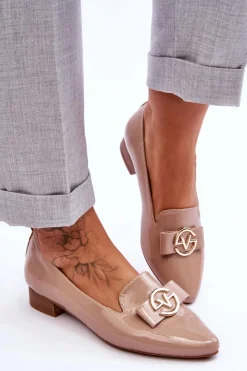 Buty damskie Vinceza Lakierowane Mokasyny Na Niskim Obcasie Beżowe Asselia
