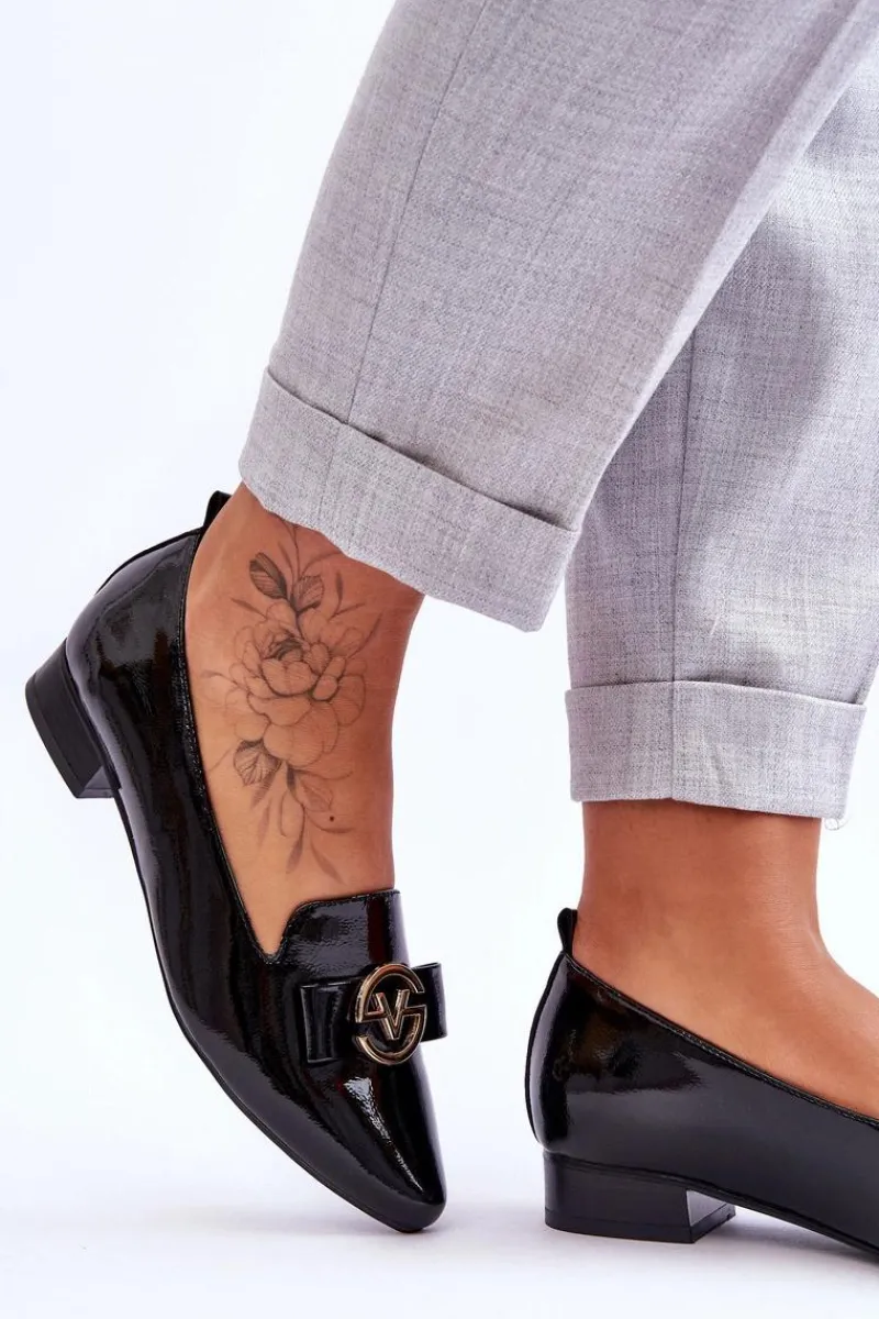 Discount Lakierowane Mokasyny Na Niskim Obcasie Czarne Asselia Damskie Mokasyny Damskie Lakierowane