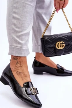 Discount Lakierowane Mokasyny Na Niskim Obcasie Czarne Asselia Damskie Mokasyny Damskie Lakierowane