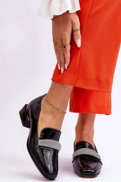 Mokasyny Damskie Lakierowane>Damskie buty S.Barski Lakierowane Mokasyny Na Obcasie Z Cyrkoniami Czarne Lavern