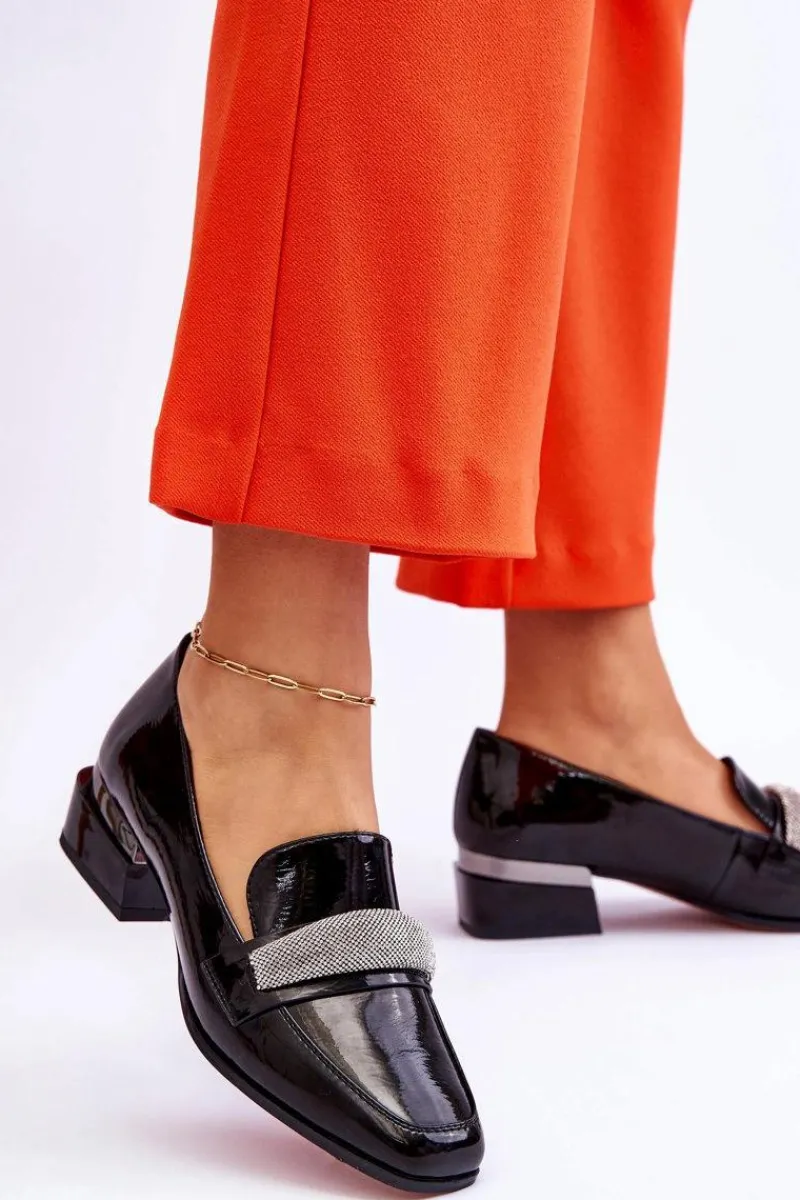 Mokasyny Damskie Lakierowane>Damskie buty S.Barski Lakierowane Mokasyny Na Obcasie Z Cyrkoniami Czarne Lavern