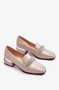 Discount Damskie buty S.Barski Lakierowane Mokasyny Na Obcasie Z Cyrkoniami Beżowe Lavern