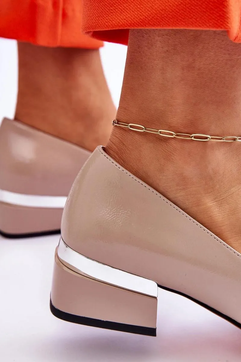 Discount Damskie buty S.Barski Lakierowane Mokasyny Na Obcasie Z Cyrkoniami Beżowe Lavern