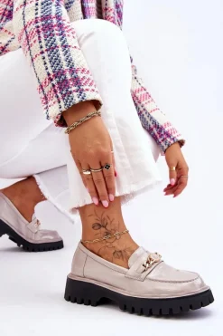 Mokasyny Płaskie|Mokasyny Damskie Lakierowane>Damskie buty S.Barski Lakierowane Mokasyny Na Platformie Jasnoszare Ronin Szary