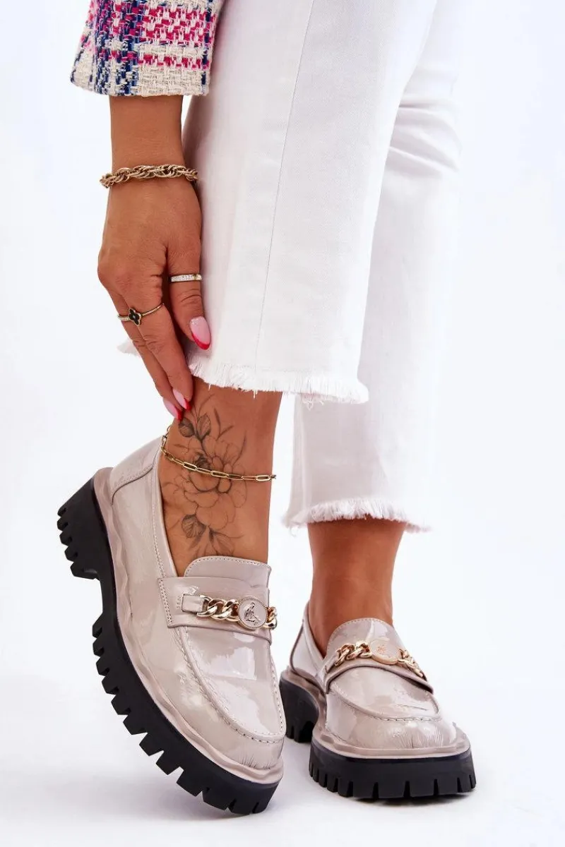 Mokasyny Płaskie|Mokasyny Damskie Lakierowane>Damskie buty S.Barski Lakierowane Mokasyny Na Platformie Jasnoszare Ronin Szary