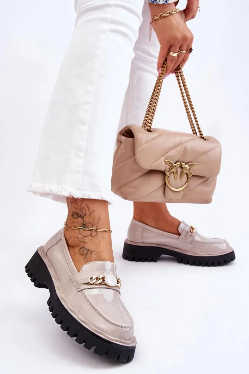 Mokasyny Płaskie|Mokasyny Damskie Lakierowane>Damskie buty S.Barski Lakierowane Mokasyny Na Platformie Jasnoszare Ronin Szary