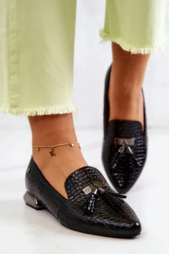 Mokasyny Damskie Lakierowane>Buty damskie Vinceza Lakierowane Mokasyny Wzór Krokodyl Z Frędzlami Czarne Pharell