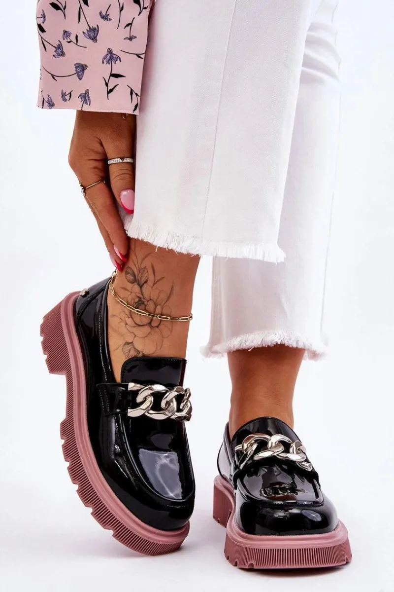 New Lakierowane Mokasyny Z Łańcuchem LL2N4039 Czarno-Fioletowe Damskie Mokasyny Płaskie|Mokasyny Damskie Skórzane