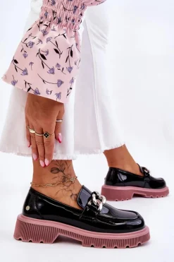 New Lakierowane Mokasyny Z Łańcuchem LL2N4039 Czarno-Fioletowe Damskie Mokasyny Płaskie|Mokasyny Damskie Skórzane