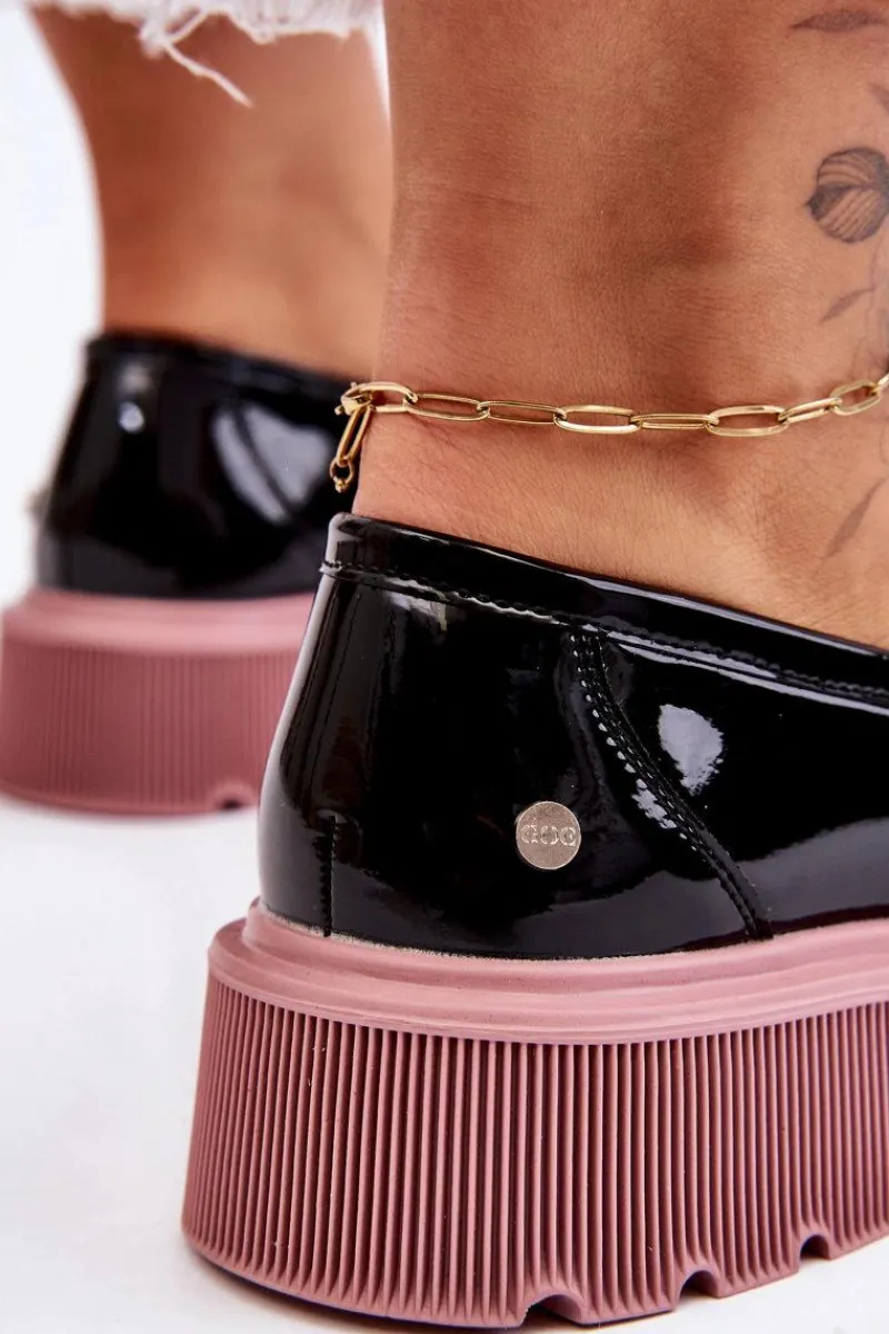 New Lakierowane Mokasyny Z Łańcuchem LL2N4039 Czarno-Fioletowe Damskie Mokasyny Płaskie|Mokasyny Damskie Skórzane