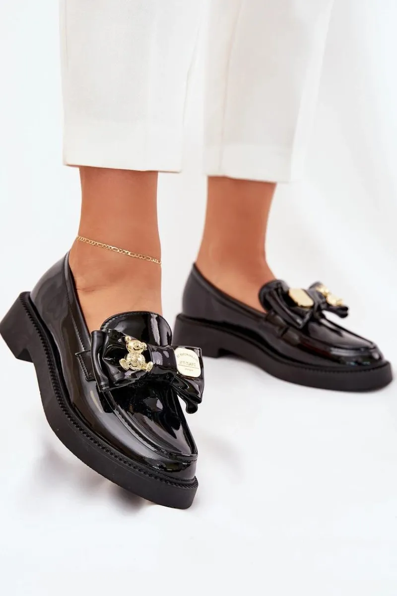 Mokasyny Płaskie|Mokasyny Damskie Skórzane>Boto Lakierowane Mokasyny Z Kokardą I Ozdobną Broszką Czarne Leandriel