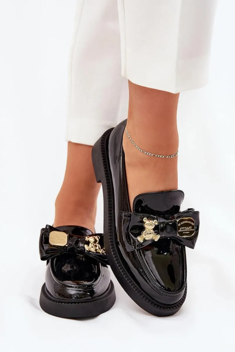 Mokasyny Płaskie|Mokasyny Damskie Skórzane>Boto Lakierowane Mokasyny Z Kokardą I Ozdobną Broszką Czarne Leandriel