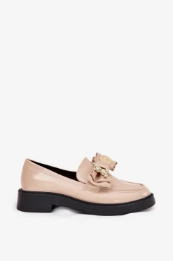 Sale Boto Lakierowane Mokasyny Z Kokardą I Ozdobną Broszką Beżowe Leandriel